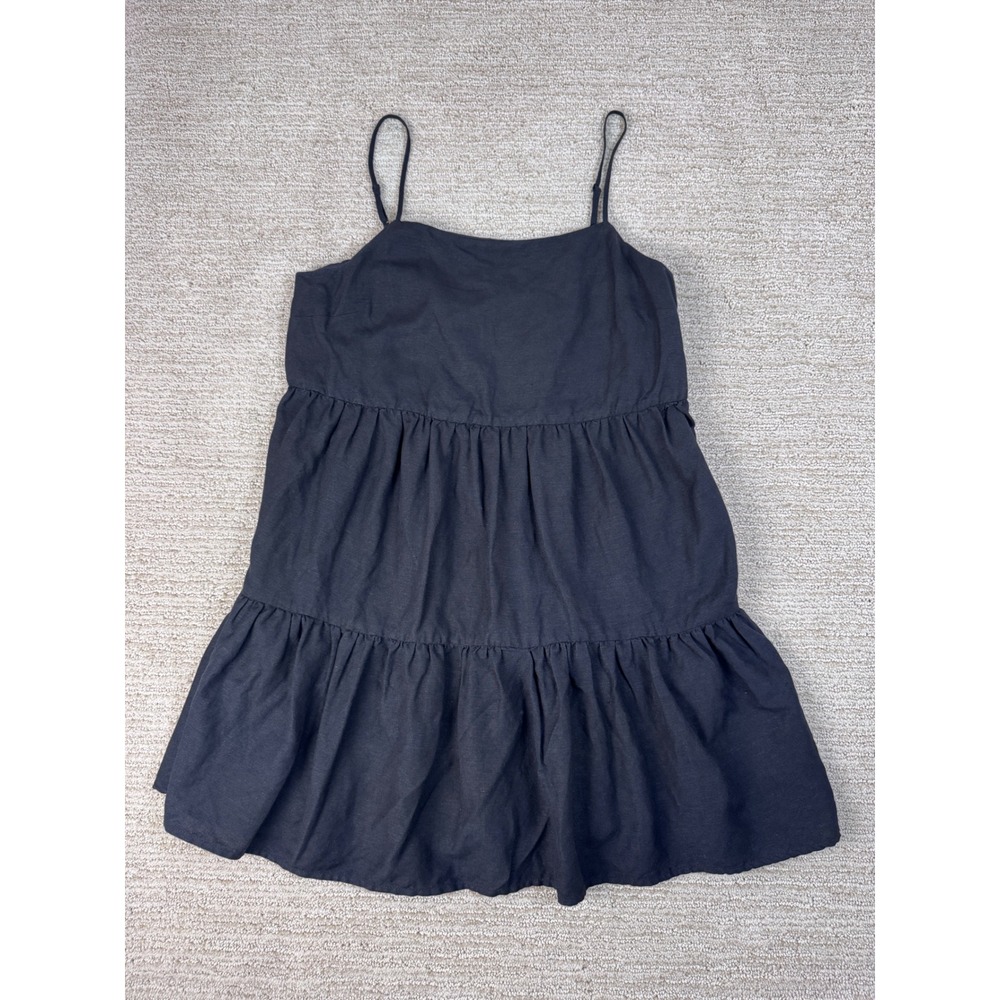 Oak + Fort Black Linen Blend Tiered Mini Dress Adjustable Straps Small DR12296W